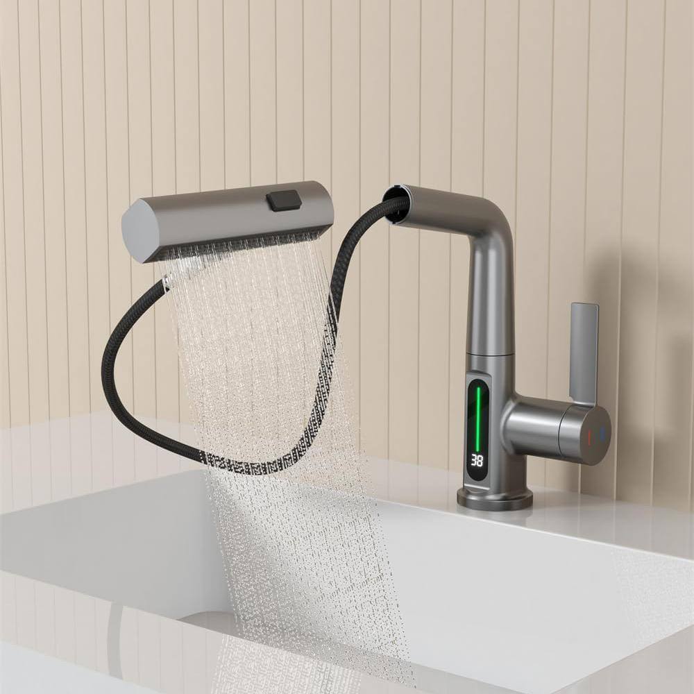 Gray Single Handle Pull-Out Sprayer Bathroom Faucet with LED Display