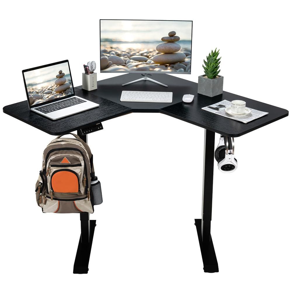 Black Adjustable Height L-Shaped Standing Desk with Hooks