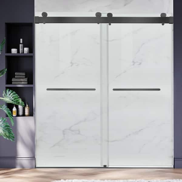 ANGELES HOME 70 in.-76 in. W x 76 in. H Double Sliding Frameless Soft Close Shower Door in Matte Black,3/8 in. (10 mm)Tempered Glass