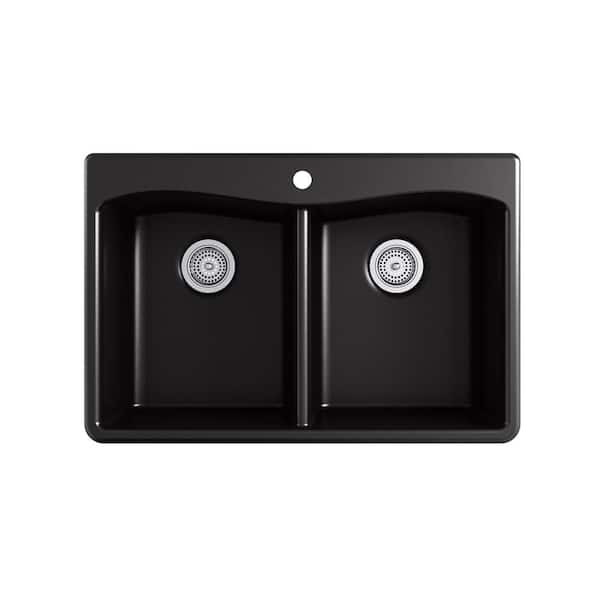 KOHLER Kennon Drop-in/Undermount Granite Composite 33 in. Double Bowl Kitchen Sink with Sous Kitchen Faucet in Matte Black