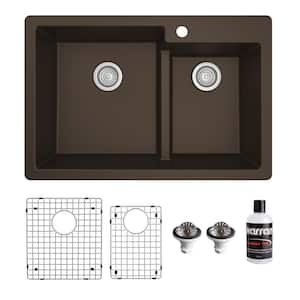 QT-811 Quartz/Granite 33 in. Double Bowl 60/40 Top Mount Drop-in Kitchen Sink in Brown with Bottom Grid and Strainer