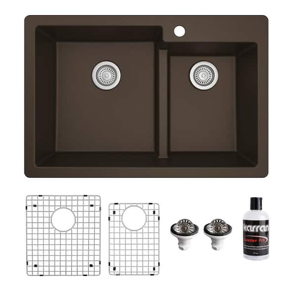 Karran QT-811 Quartz/Granite 33 in. Double Bowl 60/40 Top Mount Drop-in Kitchen Sink in Brown with Bottom Grid and Strainer