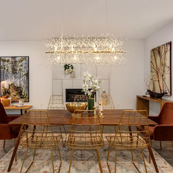 12-Light Gold French Long Bar Dandelion-Shaped Crystal Bead Chandelier for Kitchen Island with No Bulbs Included
