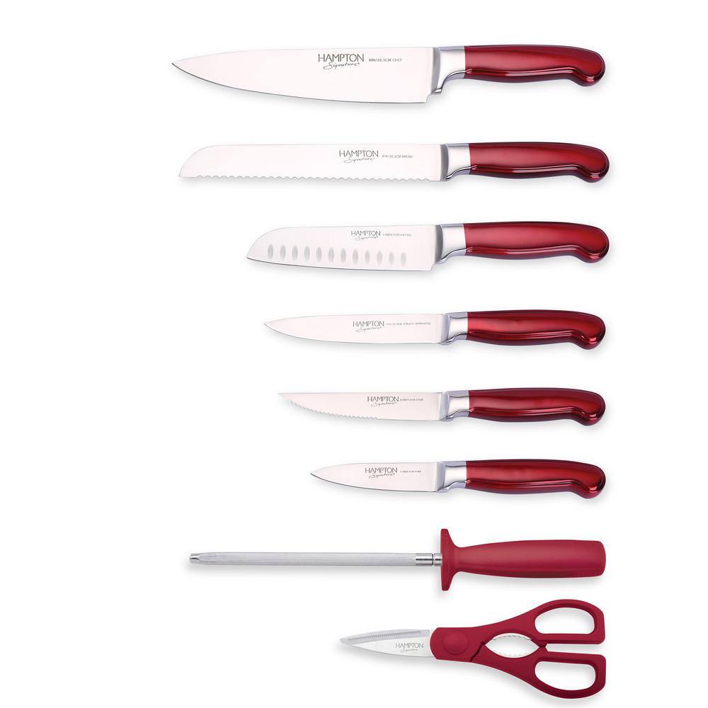Rorik 14-Piece Red Stainless Steel Knife Block Set with Acacia Wood