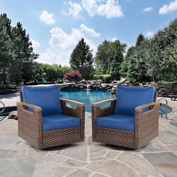 Wicker Outdoor Rocking Chair with Blue Cushions (2-Pack)