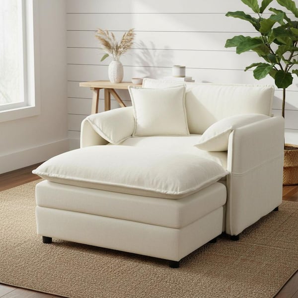 Homy Casa RKYI 57.5 in. Cream Beige Chenille Oversized Accent Chair in Deep Seat, Cushioned Arms with Pillow and Modular Ottoman