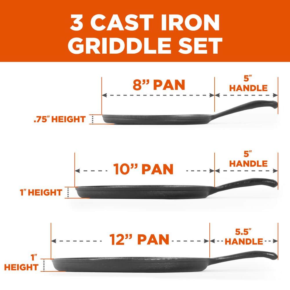 Pre-Seasoned Black Cast Iron 3-Piece Griddle Set