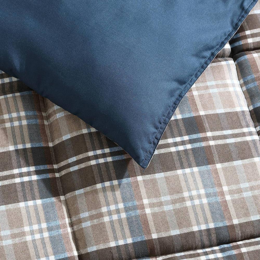 Twin Brown Plaid Microsuede Duvet Cover Set with Sham