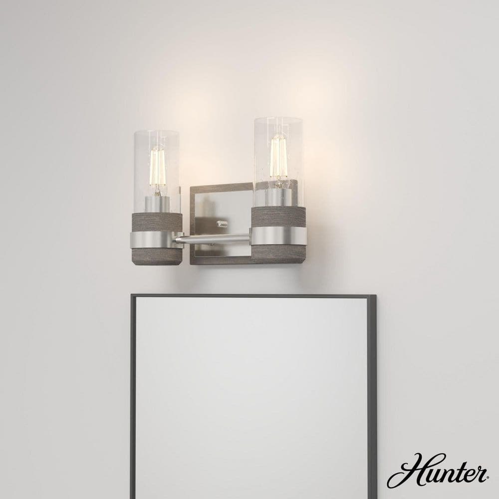 Hunter River Mill 12.5 in. 2-Light Brushed Nickel Vanity Light with Clear Seeded Glass Shades