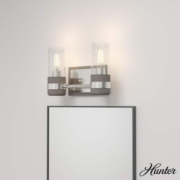 Hunter River Mill 12.5 in. 2-Light Brushed Nickel Vanity Light with Clear Seeded Glass Shades