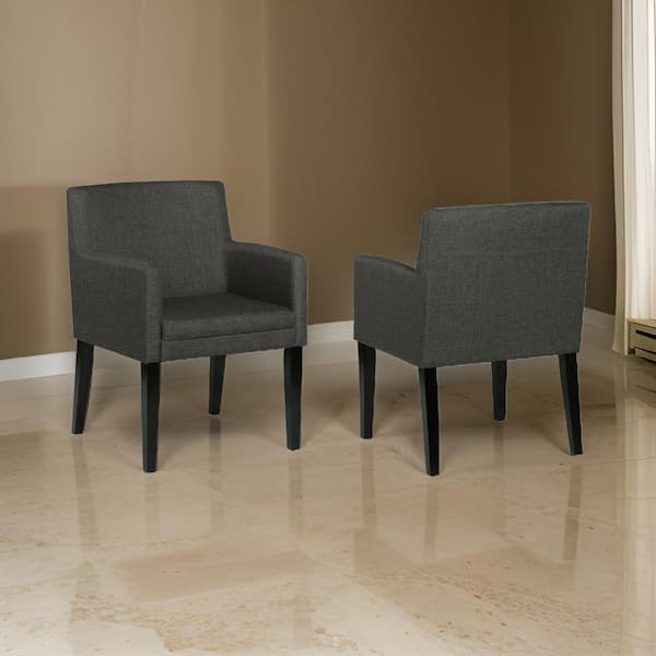 Benjara Gray and Black Fabric Arm Chair with Cushioned Seat and Wooden Block Legs (Set of 2)