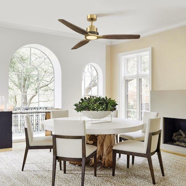 56 in. Indoor Integrated LED Soft Brass Downrod Mount Standard Ceiling Fan with Light, Walnut Wood Blades and Remote