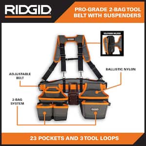 29 in. 23 Pocket Professional Grade 2-Bag Suspension Rig Work Tool Belt with Suspenders