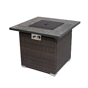 30 in. Brown Wicker Outdoor Propane Gas Fire Pit Table with Glass Rocks, Rain Cover, Lid Gas