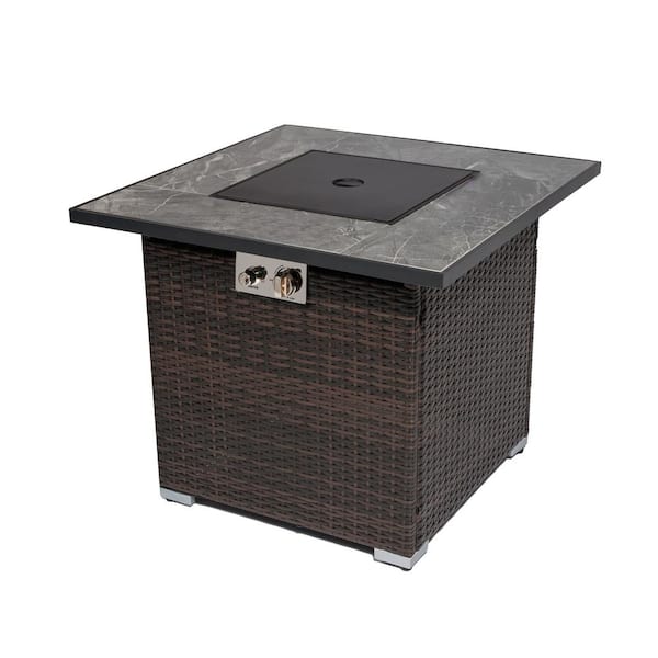 Tenleaf 30 in. Brown Wicker Outdoor Propane Gas Fire Pit Table with Glass Rocks, Rain Cover, Lid Gas