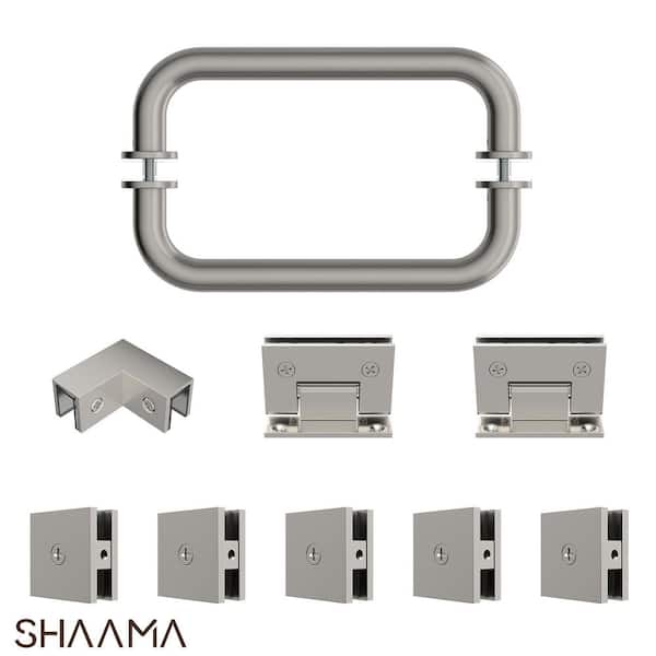 28-32 in. W Corner Shower Door Hardware kit in Brushed Nickel Includes Corner Clamp, 2 Hinges, 5 Clamps, Handle(1-Pair)