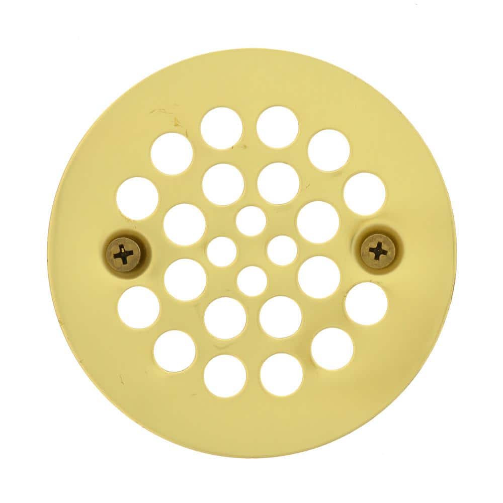 JONES STEPHENS 4-1/4 in. Round Brass Replacement Strainer in Polished Brass  with Tapping Screws for Fiberglass Shower Stall Drains D41102 - The Home