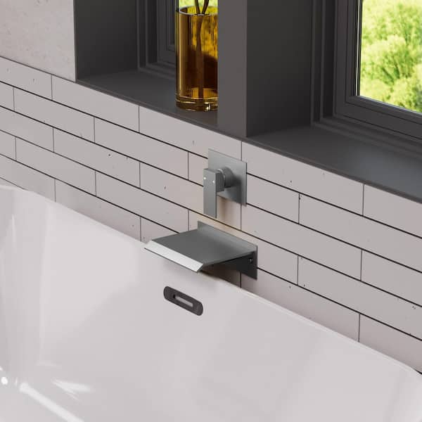 Wall Mount Waterfall Bathtub Faucet Set with Valve, Single Handle Tub Spout, 2.8 GPM Flow in Brushed Nickel