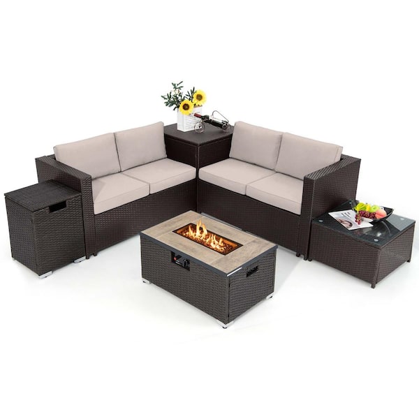 6PCS Wicker Patio Conversation Set 32'' Fire Pit Table Tank Holder with Cover Beige Cushions
