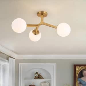 23.6 in. 3-Light Lueck Contemporary Gold Sputnik Semi-Flush Mount with White Opal Glass
