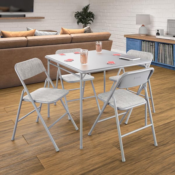 Cosco 5-Piece Gray Folding Fabric Dining Set and 34 in. Vinyl Card Table