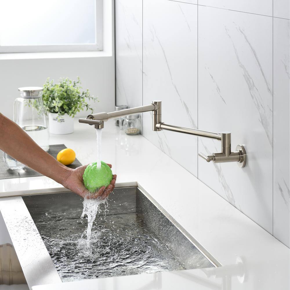 Brushed Nickel Wall-Mounted Pot Filler Faucet with Dual Handles