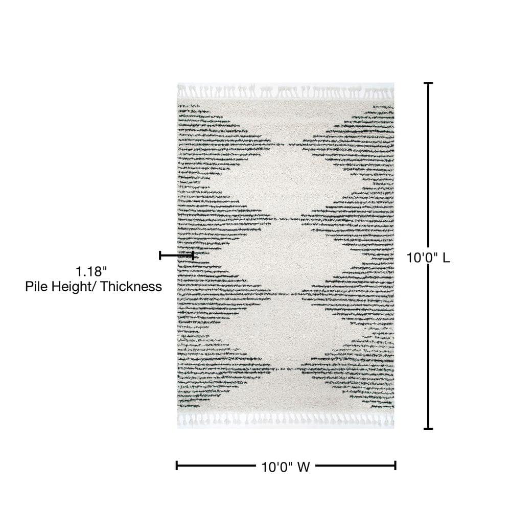 Off-White Synthetic Square Shag Rug with Braided Tassels