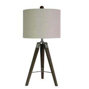 28 in. Tripod Table Lamp in Weathered Grey Wood and Polished Nickel Metal
