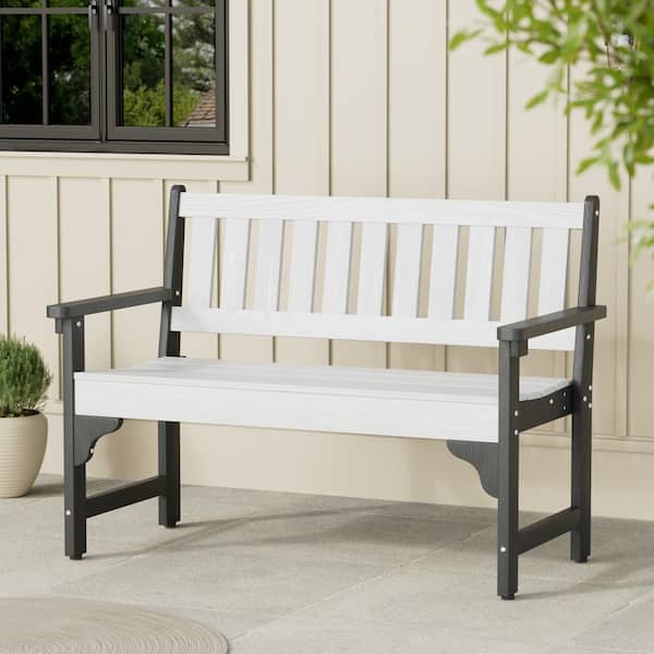 Poteban Black and White 43 in. Wide High-Quality HDPE Plastic Outdoor Bench