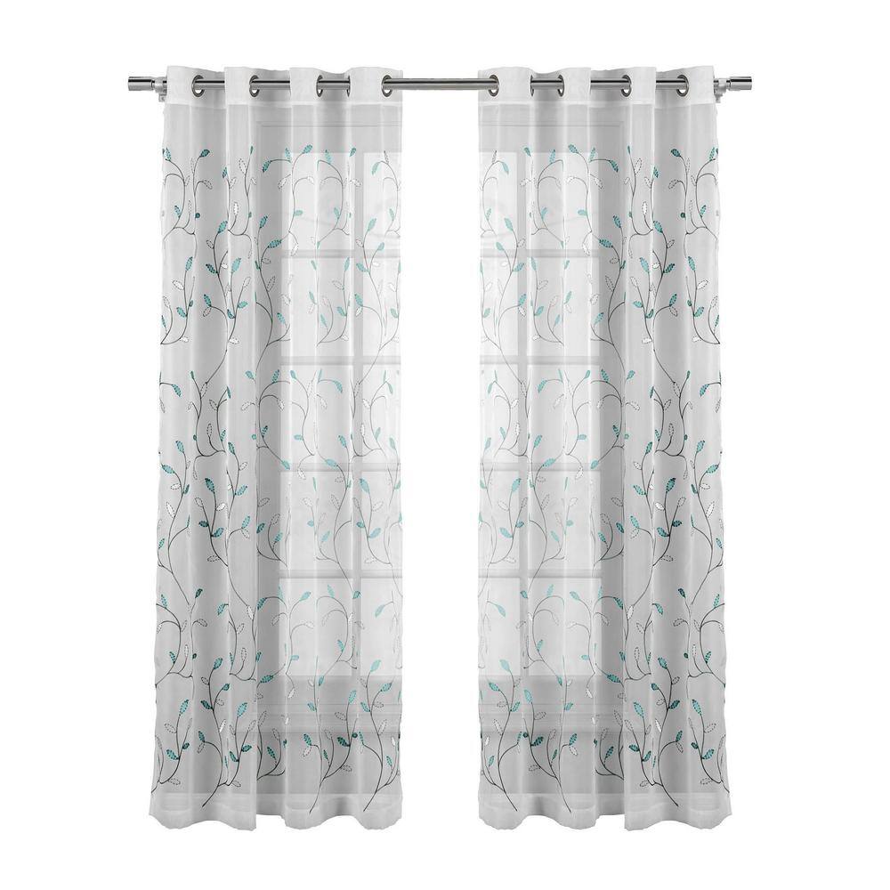 Turquoise and White Embroidered Sheer Grommet Curtain Panel 54" x 84"