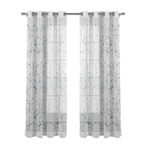 Window Elements Turquoise Leaf Embroidered Grommet Sheer Curtain 54 In