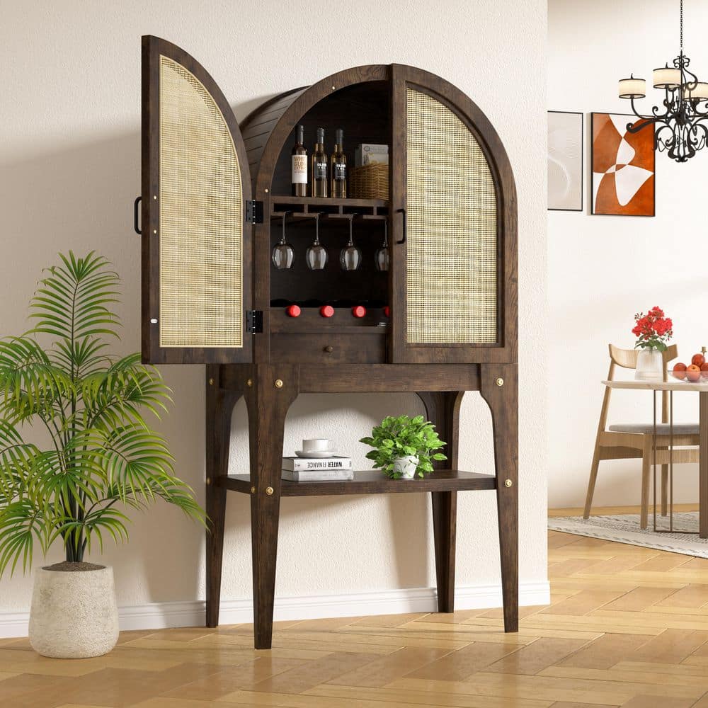 64 in. H x 31.1 in. W Natural Wood Arched Wine Pantry Cabinet with Rattan Doors, Drawers and Open Shelf in Brown