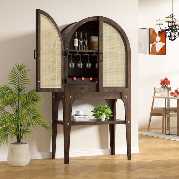 64 in. H x 31.1 in. W Natural Wood Arched Wine Pantry Cabinet with Rattan Doors, Drawers and Open Shelf in Brown