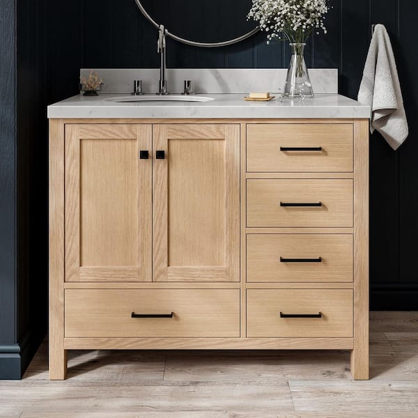 ARIEL Cambridge 42 in. Single Sink Freestanding Bathroom Vanity in Oak with Carrara White Quartz Top