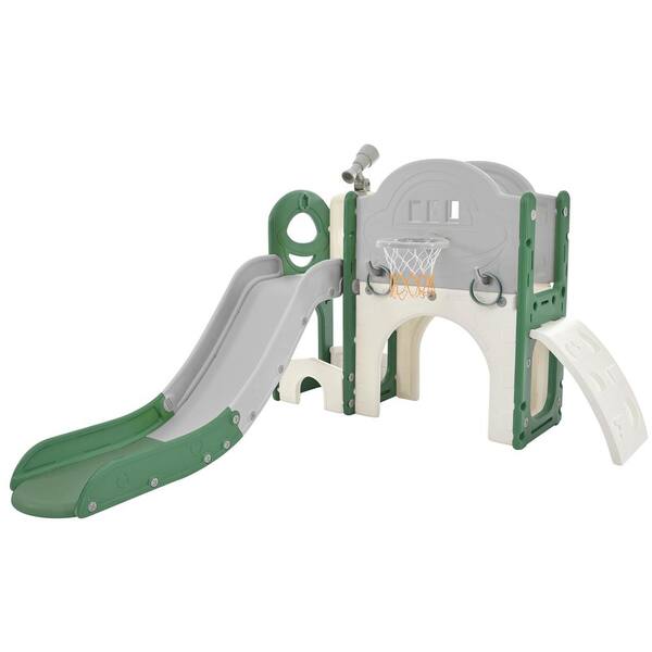 Bon Furni Green and Gray 7-in-1 Freestanding Spaceship Playset with Slide, Telescope and Basketball Hoop