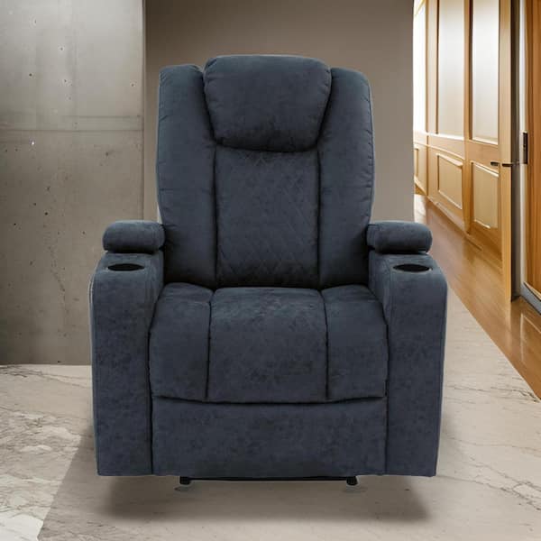 Benjara Blue Faux Leather Power Recliner with Adjustable Headrest