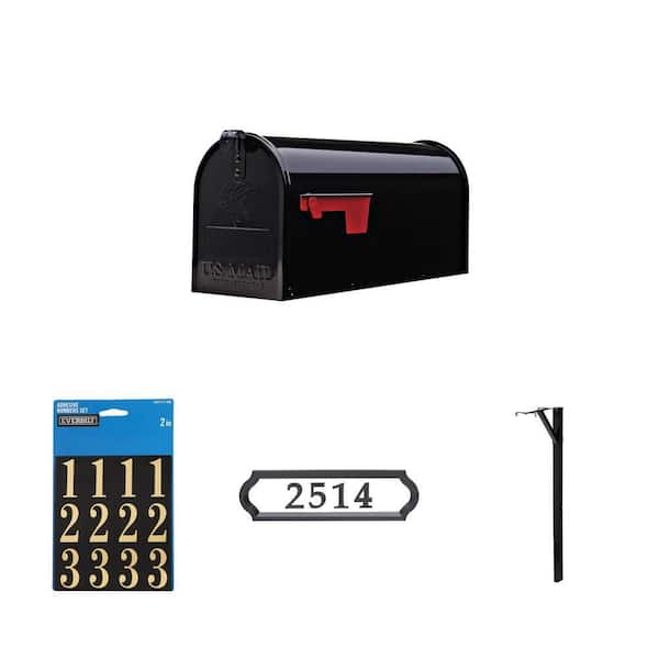 Elite Black Medium Steel Post Mount Mailbox, 2 in. Number Set, Address Plaque and Black Mailbox Post Kit