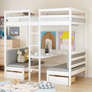 White Twin Loft Bed Frame with Two Drawers, Bunk Bed Can be Turned Into Upper Bed and Down Desk for Kids Teens