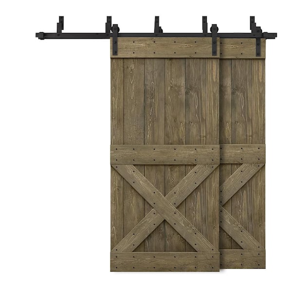 CALHOME 60 in. x 84 in. Mini X-Bypass Aged Barrel Stained DIY Solid Wood Interior Double Sliding Barn Door with Hardware Kit
