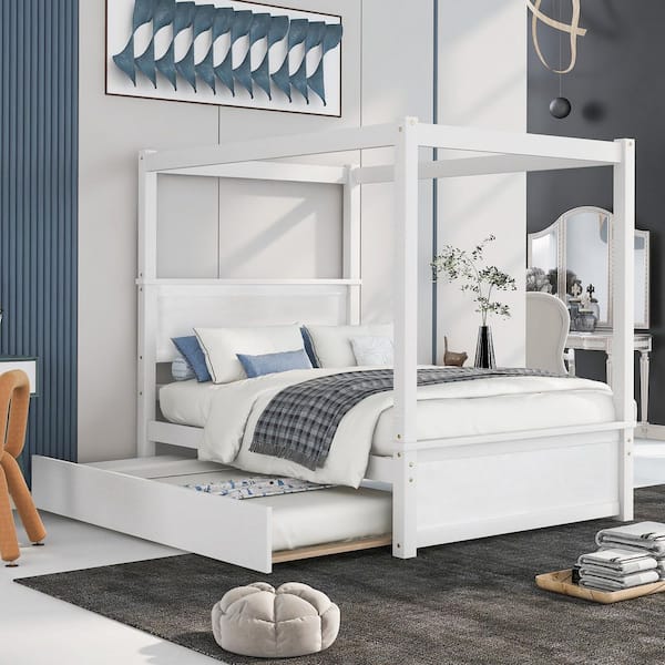 Qualler White Wood Frame Full Size Canopy Platform Bed with Trundle Bed