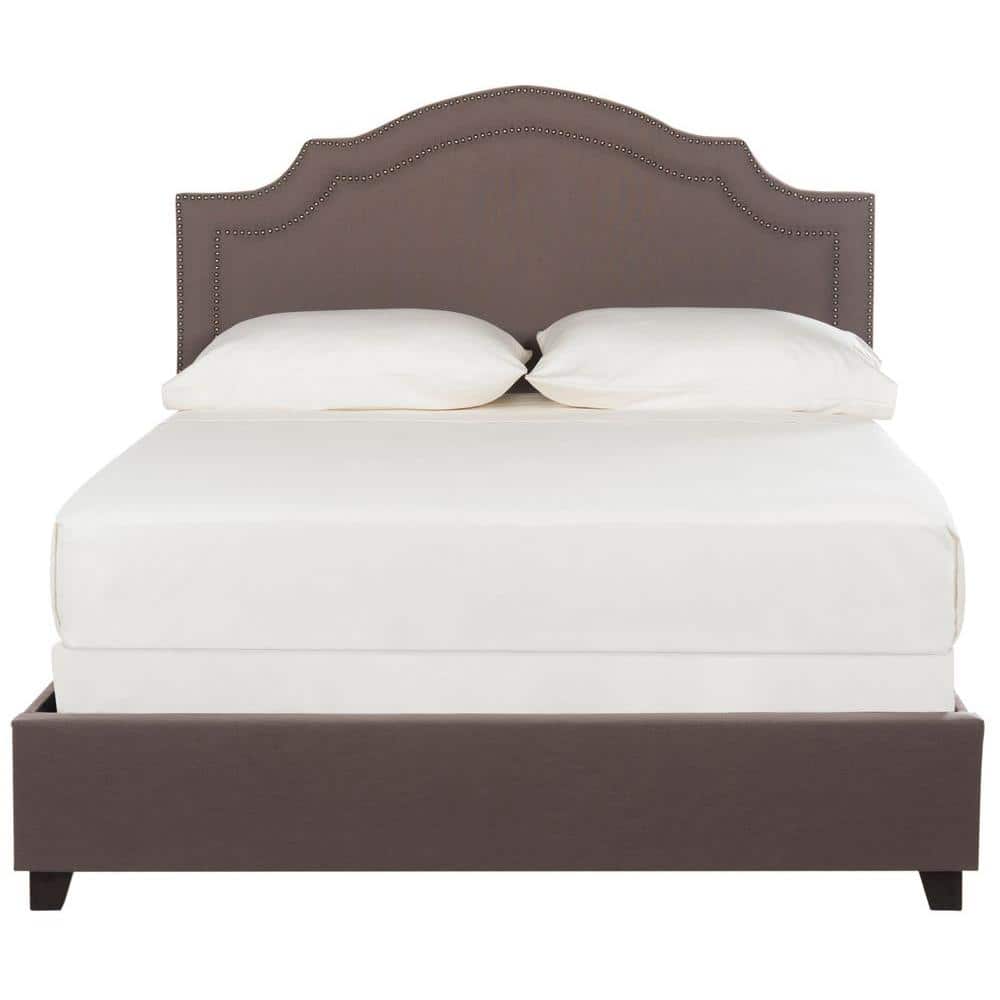 Elegant Gray Linen Full Platform Bed with Nailhead Trim