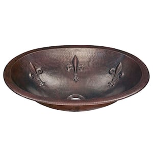 Franklin Fleur-De-Lis Custom Made Dual Mount Copper Bathroom Sink with Bowl Design in Aged Copper