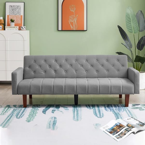 Mydepot Gray 74.4 in. Square Armchair Futon Sleeper Convertible Sofa Bed with Wooden Legs