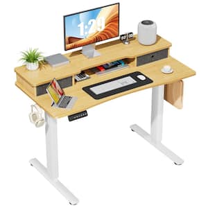 48 in. Rectangular Oak Electric Standing Computer Desk with Double Drawers Height Adjustable Sit or Stand Up