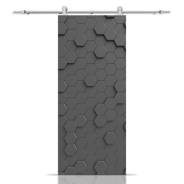 CALHOME 24 in. x 80 in. Artisan Print Series Gray Hexagons MDF Modern Interior Sliding Barn Door with Hardware Kit