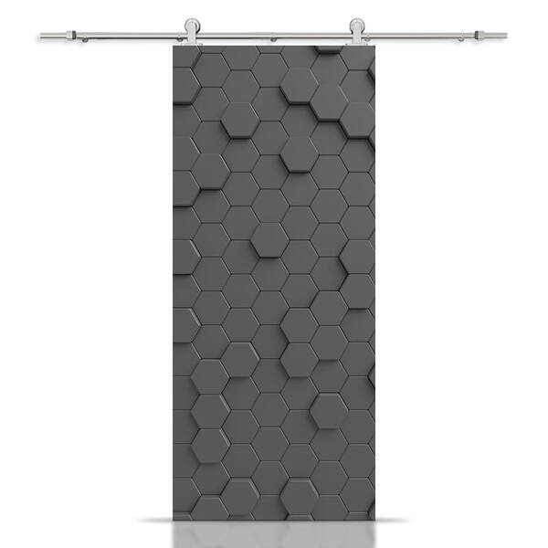 CALHOME 30 in. x 84 in. Artisan Print Series Gray Hexagons MDF Modern Interior Sliding Barn Door with Hardware Kit