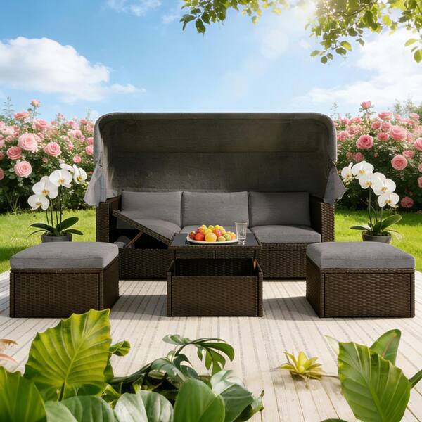 Gray Wicker Outdoor Chaise Lounge with Gray Cushions