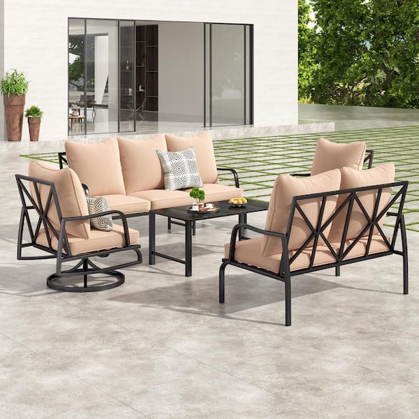 Outdoor 2-Piece Swivel Chairs Sofa，2-Piece Sofa and Coffee Table Metal Patio Furniture Set with Beige Cushions