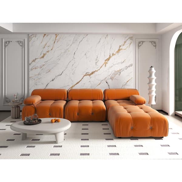 103.95 in. W Square Arm Velvet L Shaped Modular Free Combination Sofa with Ottoman in Orange