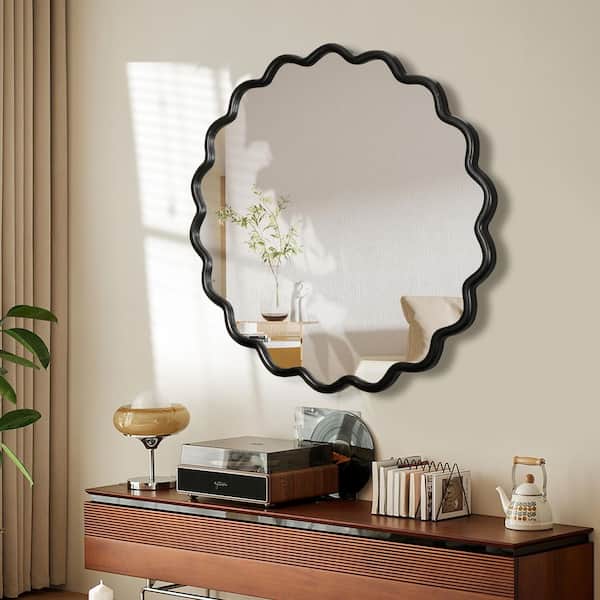 Elevatehome 42 in. W x 42 in. H Round Framed Floating Wall Bathroom Vanity Mirror in Black Finshed Solid Wood
